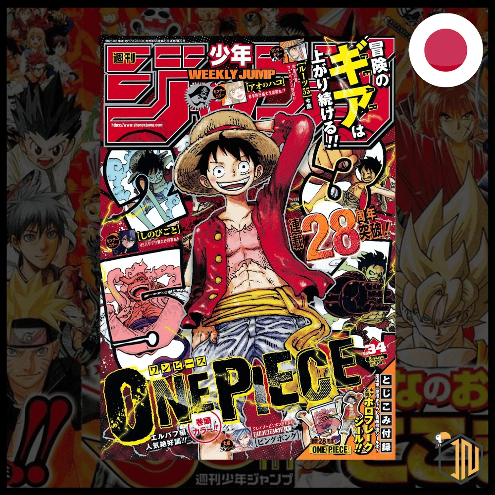 Arriva il pre-ordine Weekly Shonen Jump 8/4-34 2025 Cover 28th Anniversario One Piece + Stickers. Lo trovi su shop.inerdini.it